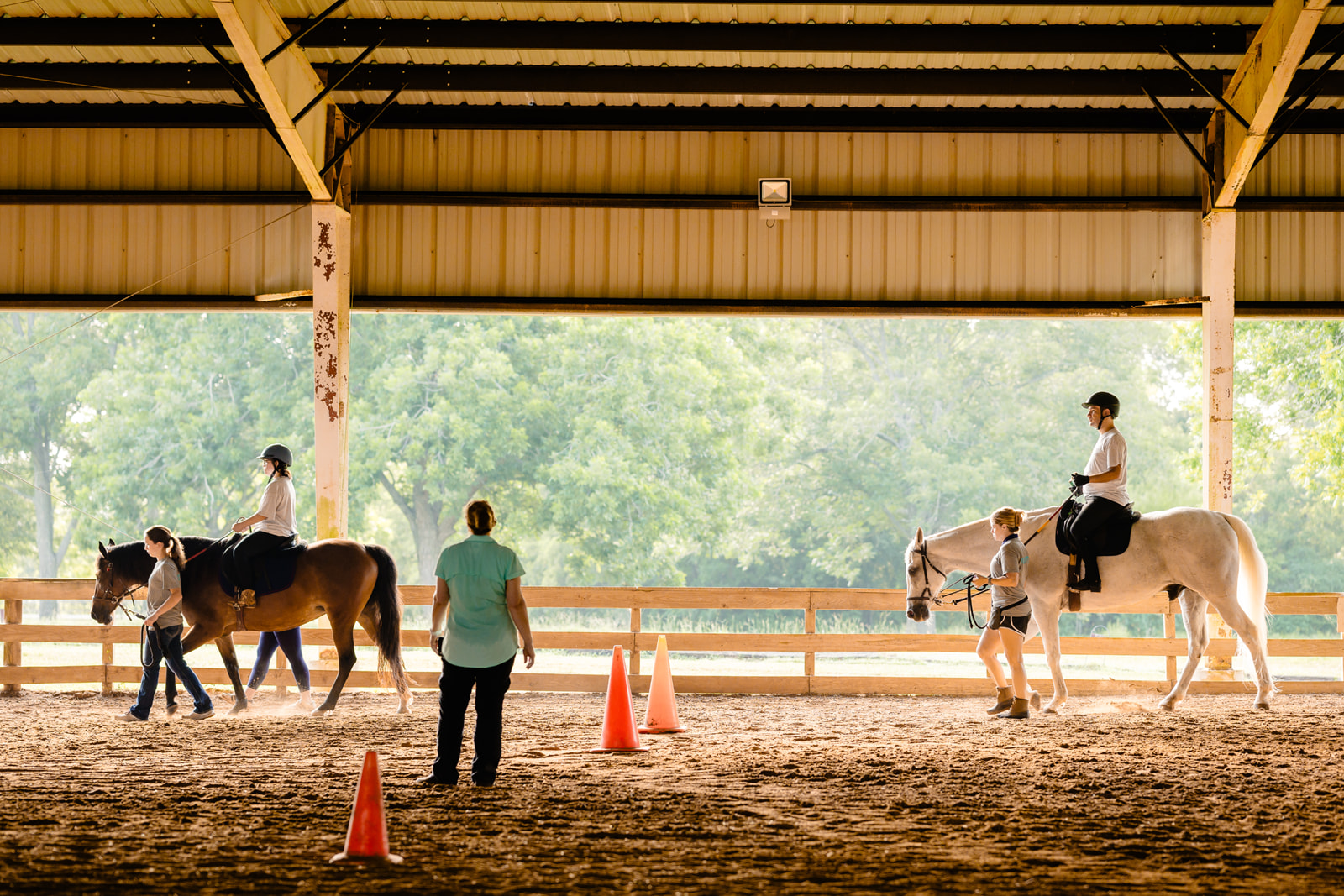 Two SIRE Therapeutic horses with riders in stable